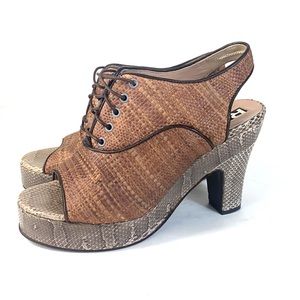 Rochas Leather Woven Straw Snakeskin Sandals